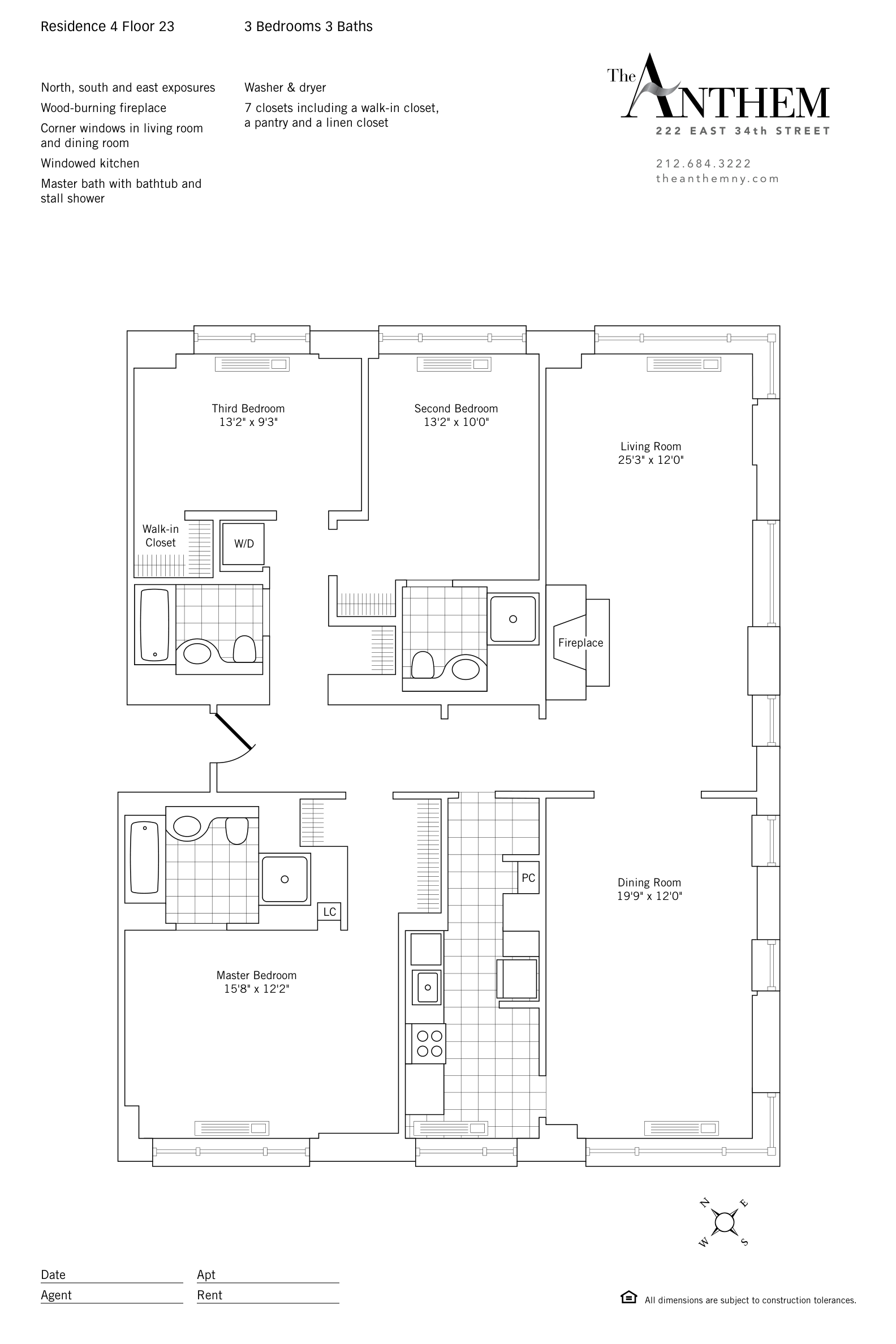 Floor plan of Residence 2304 — 3 Bedroom — 3-bedroom at The Anthem, 222 East 34th Street