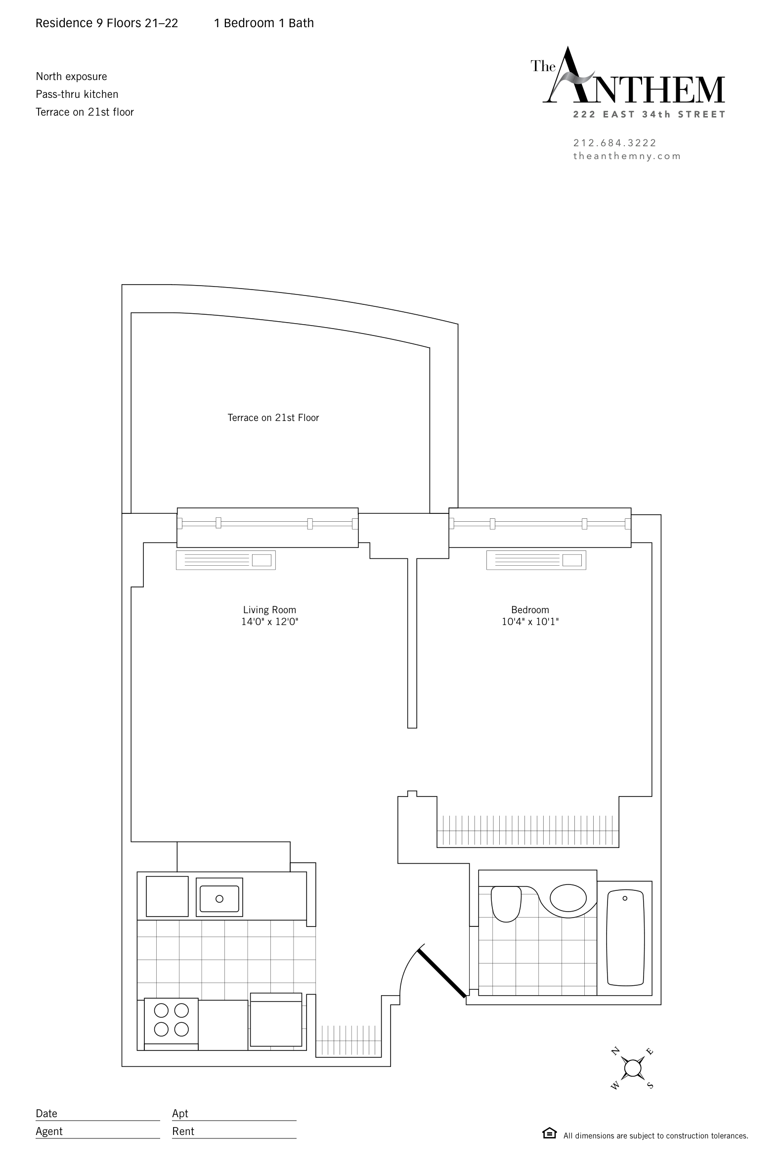 Floor plan of Residence 2109 — 1 Bedroom w. Terrace — 1-bedroom at The Anthem, 222 East 34th Street