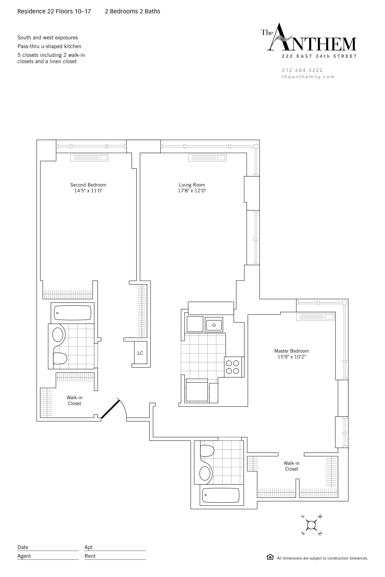 Floor plan of Residence 1022 — 2 Bedroom — 2-bedroom at The Anthem, 222 East 34th Street