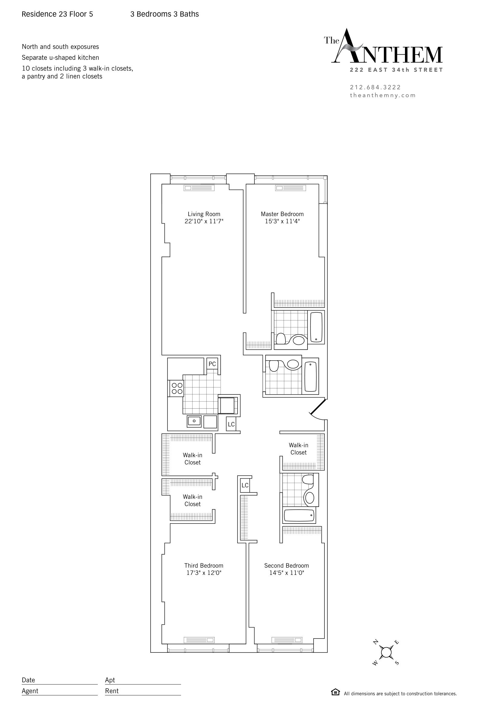 Floor plan of Residence 523 — 3 Bedroom — 3-bedroom at The Anthem, 222 East 34th Street