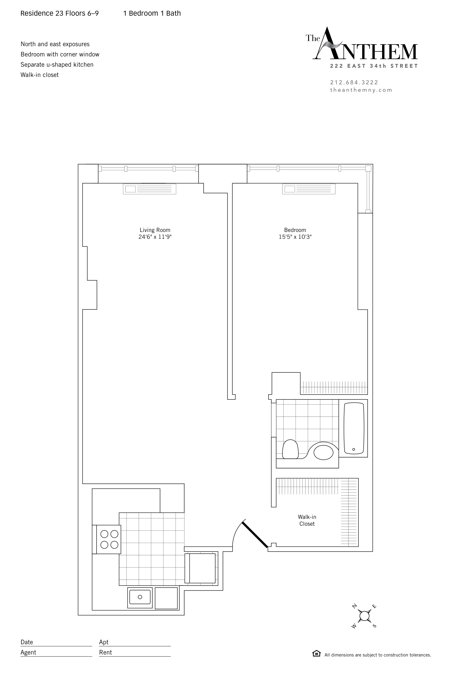 Floor plan of Residence 623 — 1 Bedroom — 1-bedroom at The Anthem, 222 East 34th Street