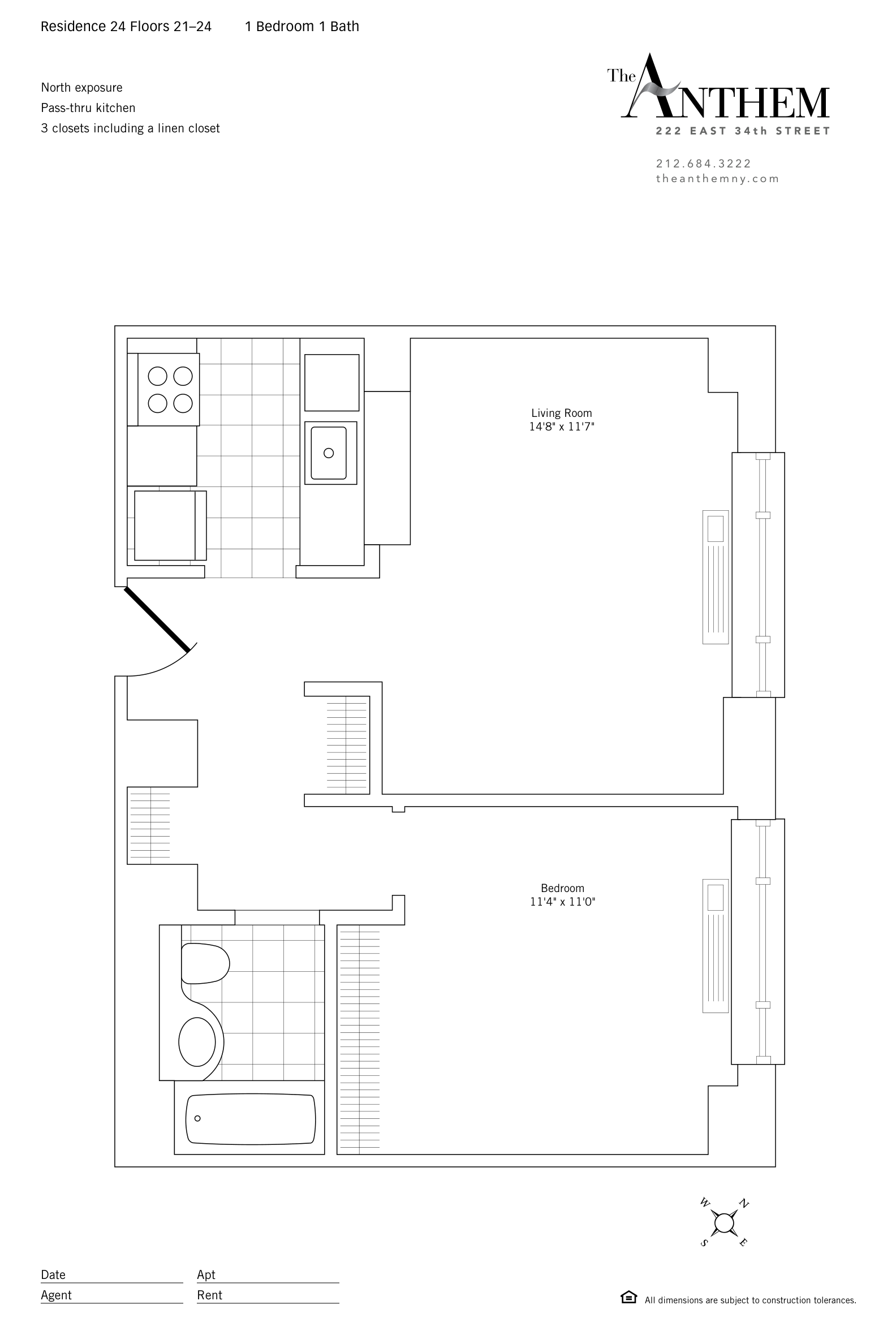 Floor plan of Residence 2124 — 1 Bedroom — 1-bedroom at The Anthem, 222 East 34th Street